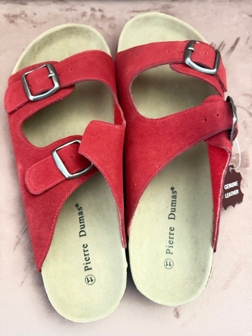 Pierre Dumas Red Suede Dual-Buckle Slide Sandals